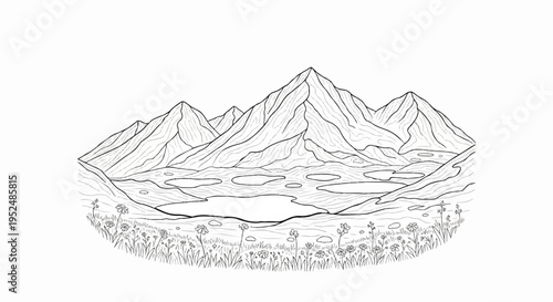 Stylized black and white sketch of a mountainous landscape with scattered ponds and wildflowers
