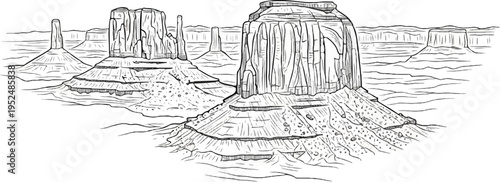 Stylized black and white sketch of iconic desert rock formations and mesas