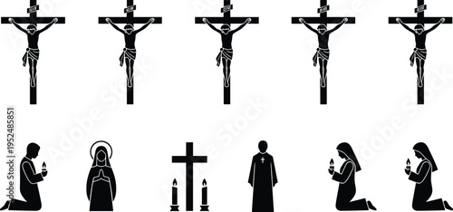 Black silhouette vector illustration set featuring Jesus Christ on the cross, people praying with candles, a priest, and Virgin Mary for religious graphic design.