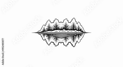 Stylized black and white trees reflected symmetrically in calm water