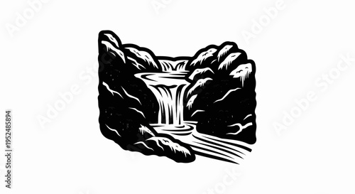 Stylized black and white waterfall cascading over rocks