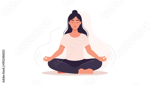 Illustration of a serene woman meditating in lotus position on a clean white background with a peaceful mood.