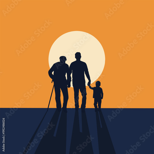 Multi generation family silhouette grandfather father and son walking together at sunset flat vector illustration.