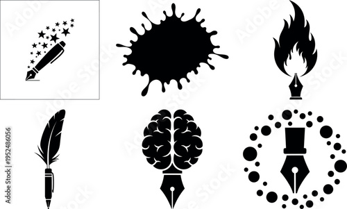 Creative ink and idea icons set with quill flame and brain symbols