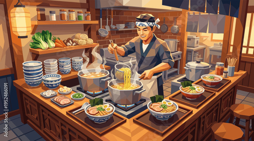 Illustration of a smiling Asian cook preparing authentic ramen noodles in a cozy Japanese restaurant kitchen with warm lighting and steaming pots of broth.