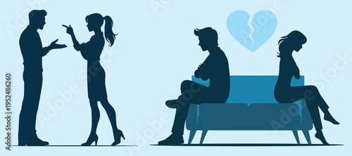 Couple relationship conflict silhouette arguing and ignoring each other with broken heart flat vector illustration.