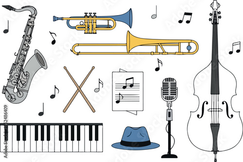 Collection of jazz musical instruments, musical notes, and related accessories, perfect for music-themed designs and projects