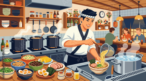 A smiling Japanese chef joyfully prepares a delicious bowl of ramen in a bustling, warm restaurant kitchen while customers eat in the background.