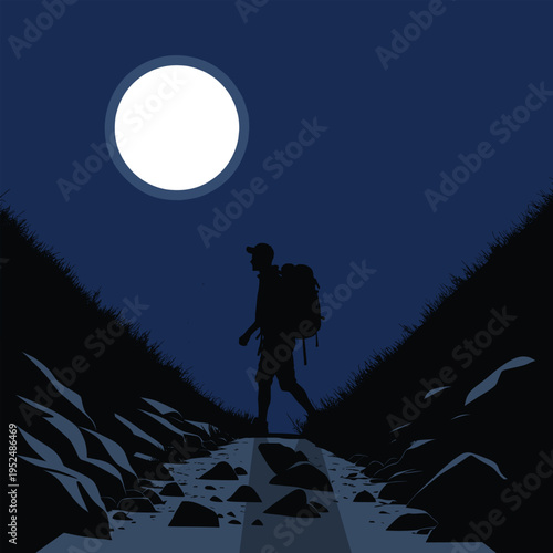 Hiker backpacker silhouette walking on mountain trail at night flat vector illustration outdoor adventure concept.