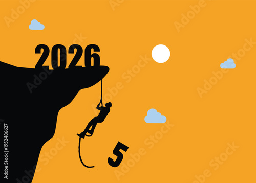 Man climbing cliff rope to year 2026 silhouette flat vector illustration new year business success challenge concept.