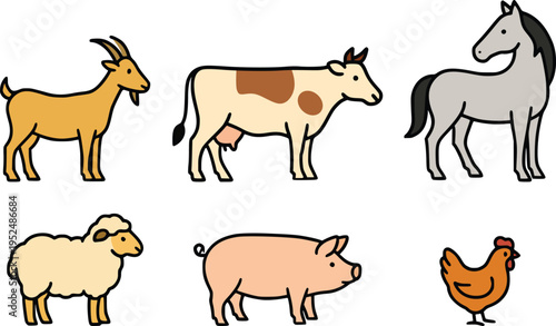 Domestic farm animals collection goat cow horse sheep pig chicken flat vector illustration.