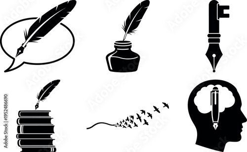 Creative writing and inspiration icons with feathers pens and books illustration