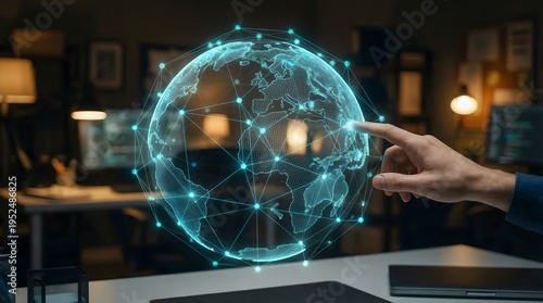 Hand touching a 3D glowing cyan digital earth showing global network nodes in an office