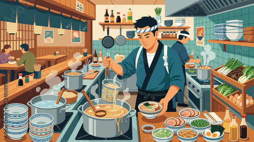 A detailed illustration of a traditional Japanese ramen shop with a chef cooking noodles in a busy open kitchen while customers dine.