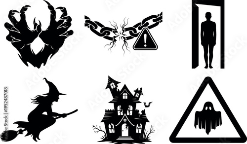 Halloweenthemed collection of spooky icons and silhouettes for festive designs