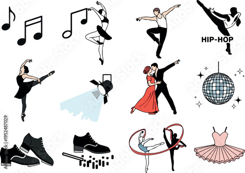 Collection of vector illustrations showcasing various dance styles, musical notes, and related performance elements