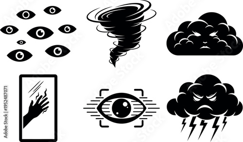Collection of symbolic icons representing eyes storms and digital security elements