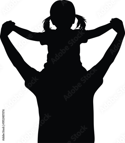 Black silhouette of a father carrying his young daughter on his shoulders with her arms raised in joy and excitement.