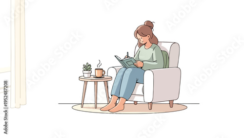 A woman sits on a chair reading a book next to a small table with plants on a beige rug in a minimalist room with natural lighting.