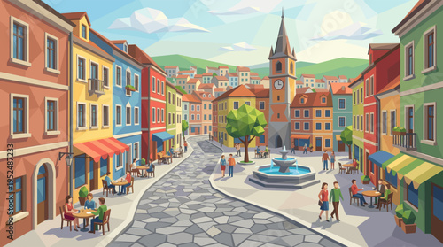 A vibrant low-poly illustration of a bustling European village square with colorful buildings, a clock tower, and people enjoying cafes on a sunny day.