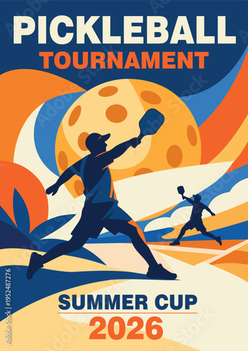Bright vector banner for a Pickleball Tournament. Dynamic silhouettes of players in action, geometric background, graphics depicting pickleball. Design is use for sports events, promotional materials