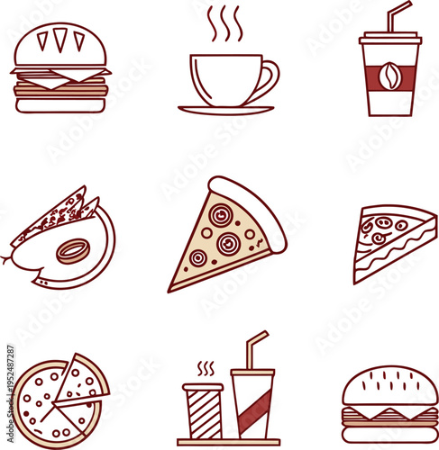 Set of 9 food icons vector, restaurant symbols