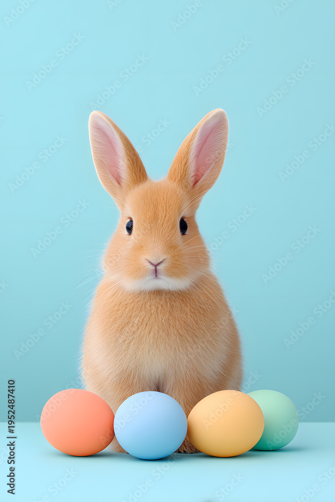 Fototapeta premium Cute brown rabbit with pastel Easter eggs on soft background. Adorable spring holiday animal concept.