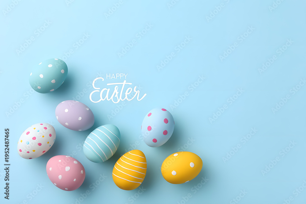 Fototapeta premium Minimal Easter composition with pastel eggs on blue background. Clean spring holiday greeting template.