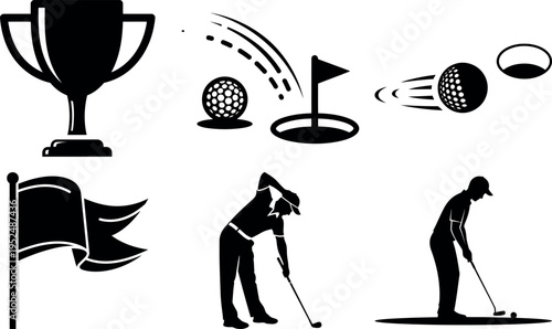 Collection of golf icons showing players and equipment isolated in one set