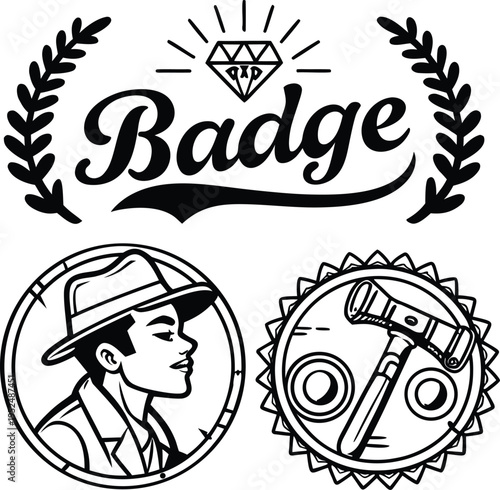 Set of 2 badge icons vector, detective and tools
