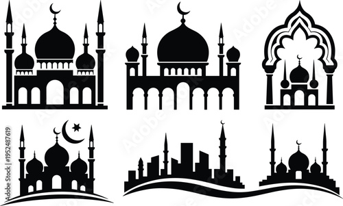 Set of Islamic mosque silhouette icons with crescent moon and minaret elements for Ramadan Kareem Eid Mubarak and Muslim religious celebration
