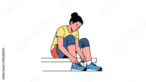 Illustration of a woman tying her shoelaces while sitting on a bench with a simple white background.