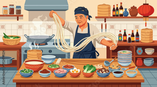 An illustration of an elderly Asian chef skillfully hand pulling fresh noodles for ramen in a traditional, vibrant restaurant kitchen surrounded by delicious ingredients.