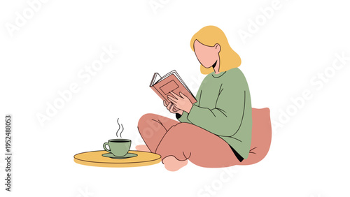 Illustration of a young woman sitting cross-legged reading a book with a cup of steaming coffee on a tray beside her in a simple, flat design with pastel colors.