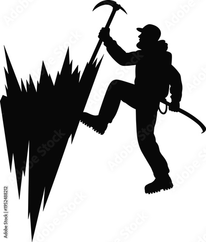 Silhouette of a courageous mountain climber with an ice axe scaling a jagged rock cliff to reach the snowy summit peak