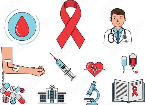 Medical icons representing blood donation, health awareness, research, and patient care with hospital and medication elements