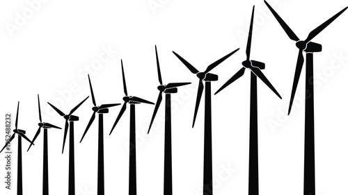 Silhouettes of modern wind turbines in a row, renewable energy concept, clean power generation, sustainable technology, eco friendly electricity production landscape