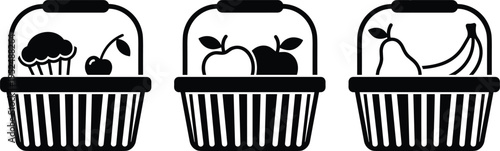Shopping basket icon set with groceries, fruits and food items, supermarket concept, minimal black silhouette design, retail illustration isolated on white background