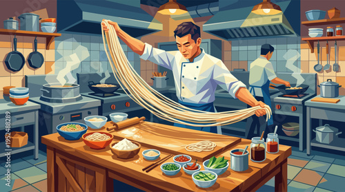 A focused Asian male chef skillfully hand pulls fresh noodles in a bustling restaurant kitchen, with ingredients and woks ready for cooking.