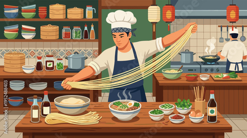 An Asian chef skillfully pulls handmade noodles for ramen in a bustling, traditional restaurant kitchen filled with fresh ingredients.