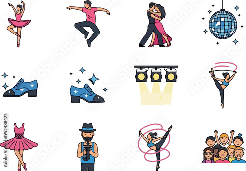 Collection of dance and performance related icons ballet, ballroom, disco, shoes, stage lights, and a crowd of people