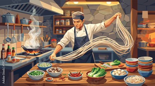 A focused Asian chef in uniform skillfully pulls handmade noodles in a warm, traditional restaurant kitchen surrounded by fresh ingredients.