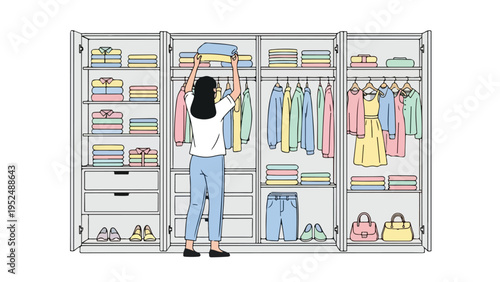 A woman organizes clothes and accessories in a large, well-organized closet with shelves, drawers, and hanging rods, filled with various colorful items.