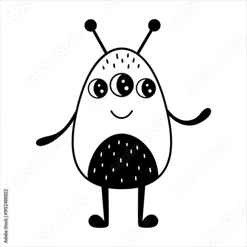 Cute cartoon alien clipart, Black and white extraterrestrial character for kids space design. Fantasy cosmic doodle, vector illustration