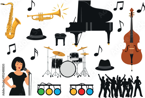 Set of musical instruments and symbols, jazz musicians, and performance elements for a vibrant music concept