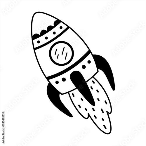 Cartoon rocket ship clipart, isolated black and white space transport doodle for kids cosmos design. Vector illustration.