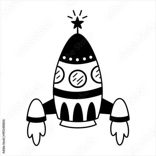 Cartoon rocket ship clipart, isolated black and white space transport doodle for kids cosmos design. Vector illustration.