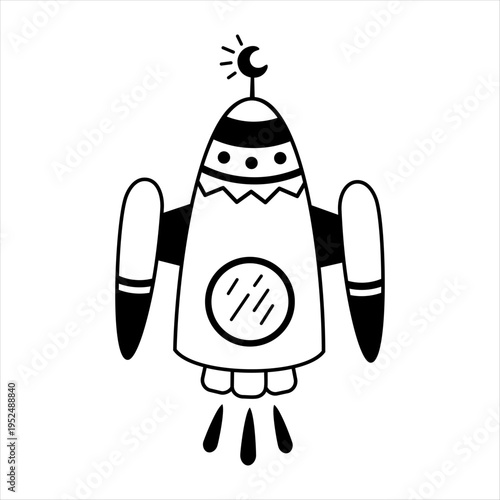 Cartoon rocket ship clipart, isolated black and white space transport doodle for kids cosmos design. Vector illustration.