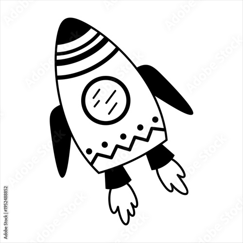 Cartoon rocket ship clipart, isolated black and white space transport doodle for kids cosmos design. Vector illustration.