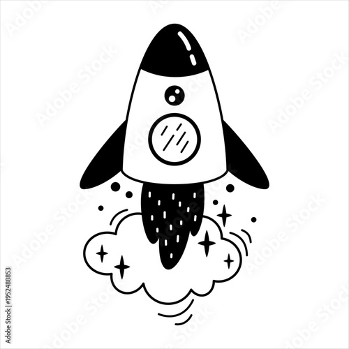 Cartoon rocket ship clipart, isolated black and white space transport doodle for kids cosmos design. Vector illustration.